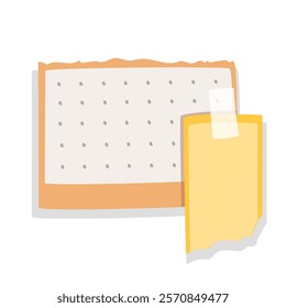 Paper cartoon stickers with torn edge. Funny yellow blank peel off sticker pasted with sticky tape on page with dot pattern. mascot, cartoon cute reminder sheet on office board vector illustration