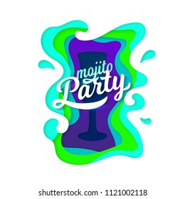 Paper carve art mojito cocktail poster, night dance party music template. Modern splash origami disco club design. Wave shape abstract background. Concept 3d paper layers for party event, banner