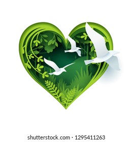 Paper carve to bird fly out from green forest heart shape, paper art concept and ecology idea, vector art and illustration.