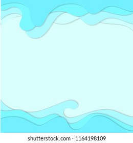 Paper carve cut art with 3D abstract blue cloudy wave shapes. Modern origami design background. Yoga, travel, relaxation concept 3d paper layers for greeting card, banner, badge, business  flyer