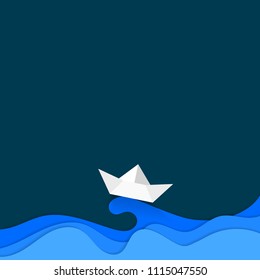 Paper carve cut art of boat sailing in blue wave. Modern origami design background. Travel, relaxation concept 3d paper layers for greeting card, banners, business presentations, flyers, posters