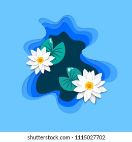 Paper carve cut art of top view lake with white water lily. Modern origami design background. Yoga, relaxation concept 3d paper layers for greeting card, banner, business presentation, flyers, poster