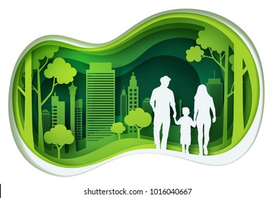 Paper Carve To Family And Park On Green Town Shape, Paper Art Concept And Ecology Idea, Vector Art And Illustration.