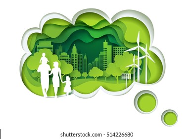 Paper Carve To Family And Park On Green Town Shape, Paper Art Concept And Ecology Idea, Vector Art And Illustration.