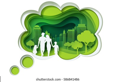 Paper carve to family and park on green town shape, paper art concept and ecology idea, vector art and illustration.