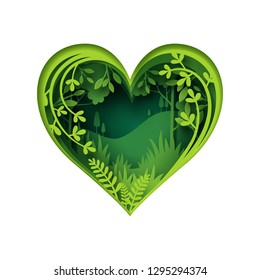 Paper carve to green forest heart shape, paper art concept and ecology idea, vector art and illustration.