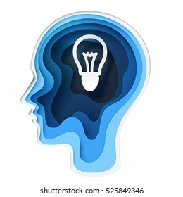 Paper Carve To Human Head And Bulb Shape On White Background, Paper Art Concept And Business Idea, Vector Art And Illustration.