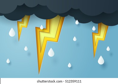 Paper carve to lightning and thunderbolt with a black cloud and rain on blue sky, paper art storm concept, vector art and illustration.