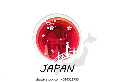 Paper carve on white foreground to circle red look like Japan flag and Japanese culture symbol, tourism idea, vector art and illustration.