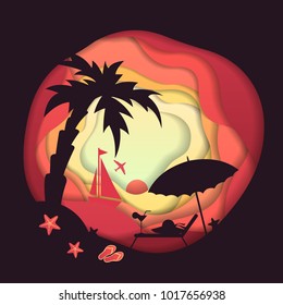 Paper carve summer background. Paper cut layer style. Travel concept. Design element for flyers, presentations and posters. Vector illustration.