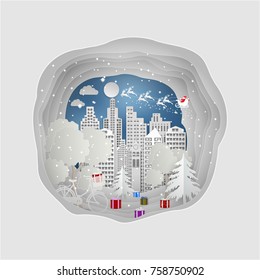 Paper carve to winter holiday with towns and Santa Claus background. Christmas season. vector illustration