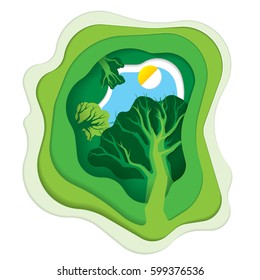 Paper carved green forest, blue sky and sun, concept nature and ecology, vector art and illustration