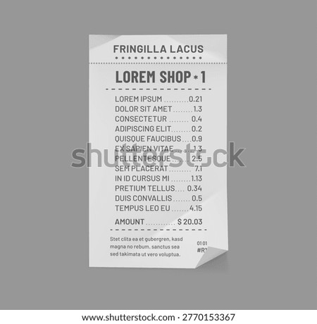Paper cash receipt with barcode, purchase slip mockup, realistic isolated payment bill. Highly realistic thermal paper receipt with itemized purchase details. Vector cash receipt for retail marketing