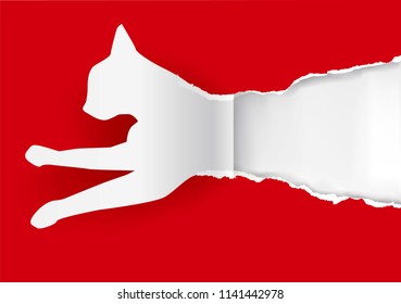 
Paper cat silhouette ripping paper. 
Paper silhouette of jumping cat ripping red paper background with place for your text or image. Vector available.