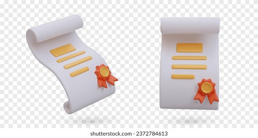 Paper certificate with gold seal and red ribbon. Qualification confirmation document. Cute award. Realistic object, front and side view. Set of isolated images