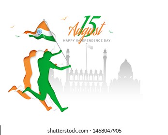 Paper character of human holding Indian National Flag with Red Fort monument for 15 August Happy Independence day poster or banner design.