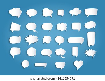 Paper Chat Cartoon Bubbles Shape And Word Box For Entering Text Message. Set Speech Bubbles Empty. Dialogue And Communication Bubble. Empty Balloon. Collection Modern Vector Clouds Isolated