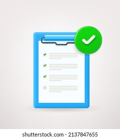 Paper with check list with green checkmark. 3d vector icon