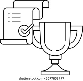 A paper with a check mark on it and a trophy. The trophy is placed on top of the paper