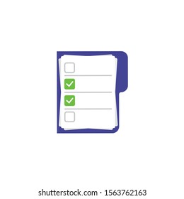 Paper checklist in black folder. Notebook with green check. Vector illustration