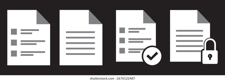 Iconos de papel, lista de comprobación y documento.  Conjunto de íconos de línea negra simples que muestran listas de verificación, documentos de desplazamiento y escritura con un lápiz, simbolizando tareas, notas y organización. Ilustración vectorial.
