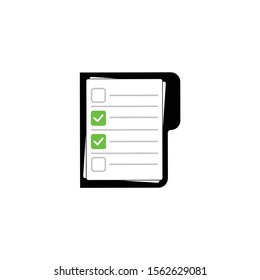 Paper checklist in folder. Notebook with green check.
