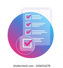 Paper checklist glossy icon. Successful formation of business tasks and goals. Flat vector pictogram