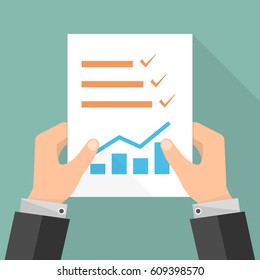 The paper checklist in the hand. Vector illustration. Report file in flat design. Concept of quality control.
