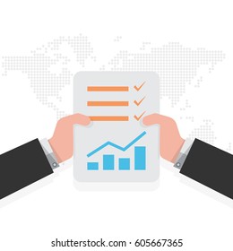 The paper checklist in the hands. Vector illustration. Report file in flat design. Concept of quality control.