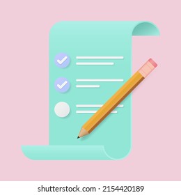 Paper Checklist on pink background. 3d vector illustration.