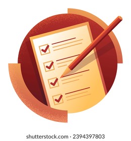 Paper checklist and pencil - icon in red textured decoration. Successful formation of business tasks and goals. Flat vector pictogram