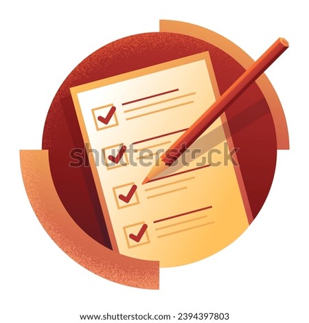 Paper checklist and pencil - icon in red textured decoration. Successful formation of business tasks and goals. Flat vector pictogram