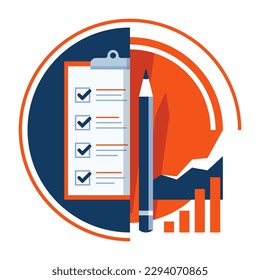 Paper checklist with pencil and some diagrams icon. Successful formation of business tasks and goals. Color vector pictogram