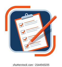 Paper checklist with pencil square icon. Successful formation of business tasks and goals. Flat vector pictogram