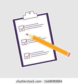 Paper checklist and pencil. Successful formation of business tasks. Flat vector illustration.