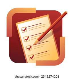 Paper checklist and pencil - Successful formation of business tasks and goals. Flat vector pictogram, red and yellow gradient