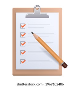 Paper checklist or to-do list and pencil icon. Successful formation of business tasks and goals. realistic vector pictogram