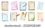 Paper checklists. To do lists, planning sheets and task management notes. Clipboard with plan documents, paper pages and list notepad vector set.