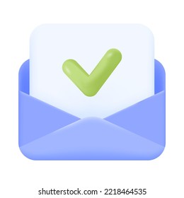 Paper with checkmark inside blue envelope 3D icon. Open letter or message for colleague or friend 3D vector illustration on white background. Communication, e-mail, social media, network concept