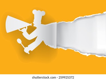 Paper Chef with megaphone. Paper cook caller into a megaphone with bottom layer for your image or text. Vector illustration. 