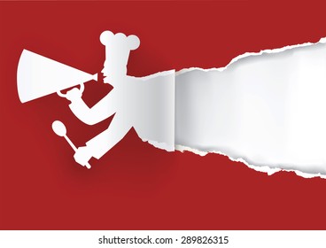 Paper Chef with megaphone.
Paper cook caller into a megaphone with bottom layer for your image or text. Vector illustration.