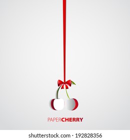 Paper cherry cutout hanging on bow - vector illustration design card - EPS10