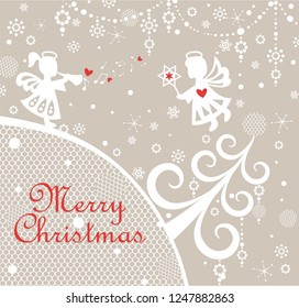 Paper childish Xmas greeting card with paper cutting little angels, tree, hanging decoration and Christmas star