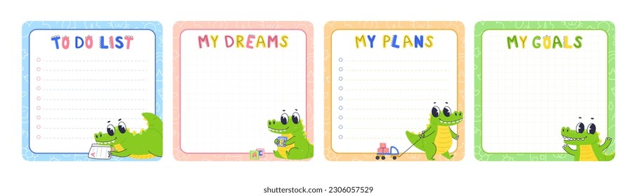 Paper children's notebook design with cartoon crocodile character. Ready-made design of multi-colored notebook pages template