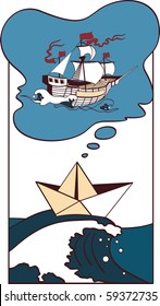 The paper children's ship very much wishes to be the big and beautiful ship