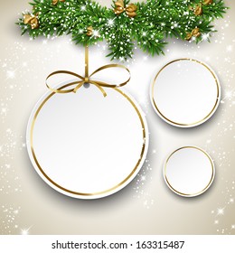 Paper christmas balls with golden ribbon. Round labels over starry background with fir branches. Vector illustration. 