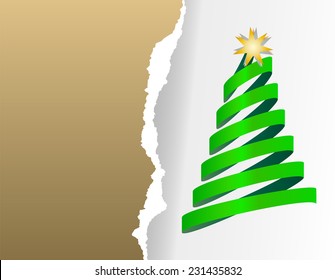 Paper Christmas cards with Christmas tree from ribbon with star. Ripped paper gold, silver background