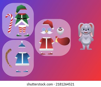 Paper Christmas doll hare with clothes of an elf, snow maiden, santa claus