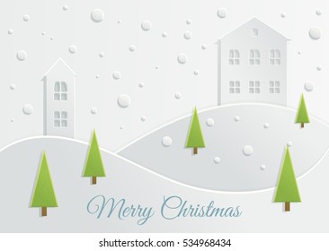 Paper Christmas landscape. Winter holidays vector Illustration with snowy city. Cutting houses, hills and trees. New year scene