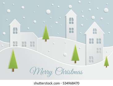 Paper Christmas landscape. Winter night holidays vector Illustration with snowy city. Cutting houses, hills and trees. New year scene